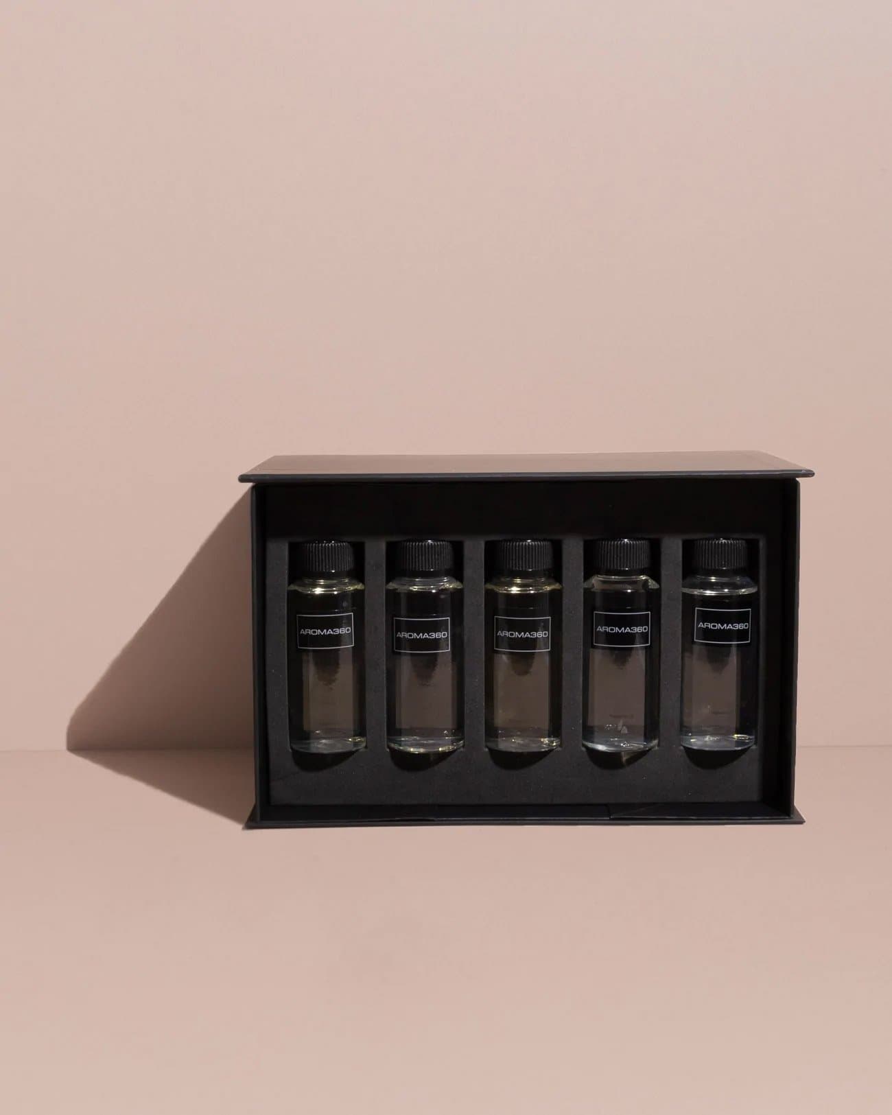 Aroma360 fragrance discovery set — tiered secondary packaging organizing a multi-SKU luxury fragrance program