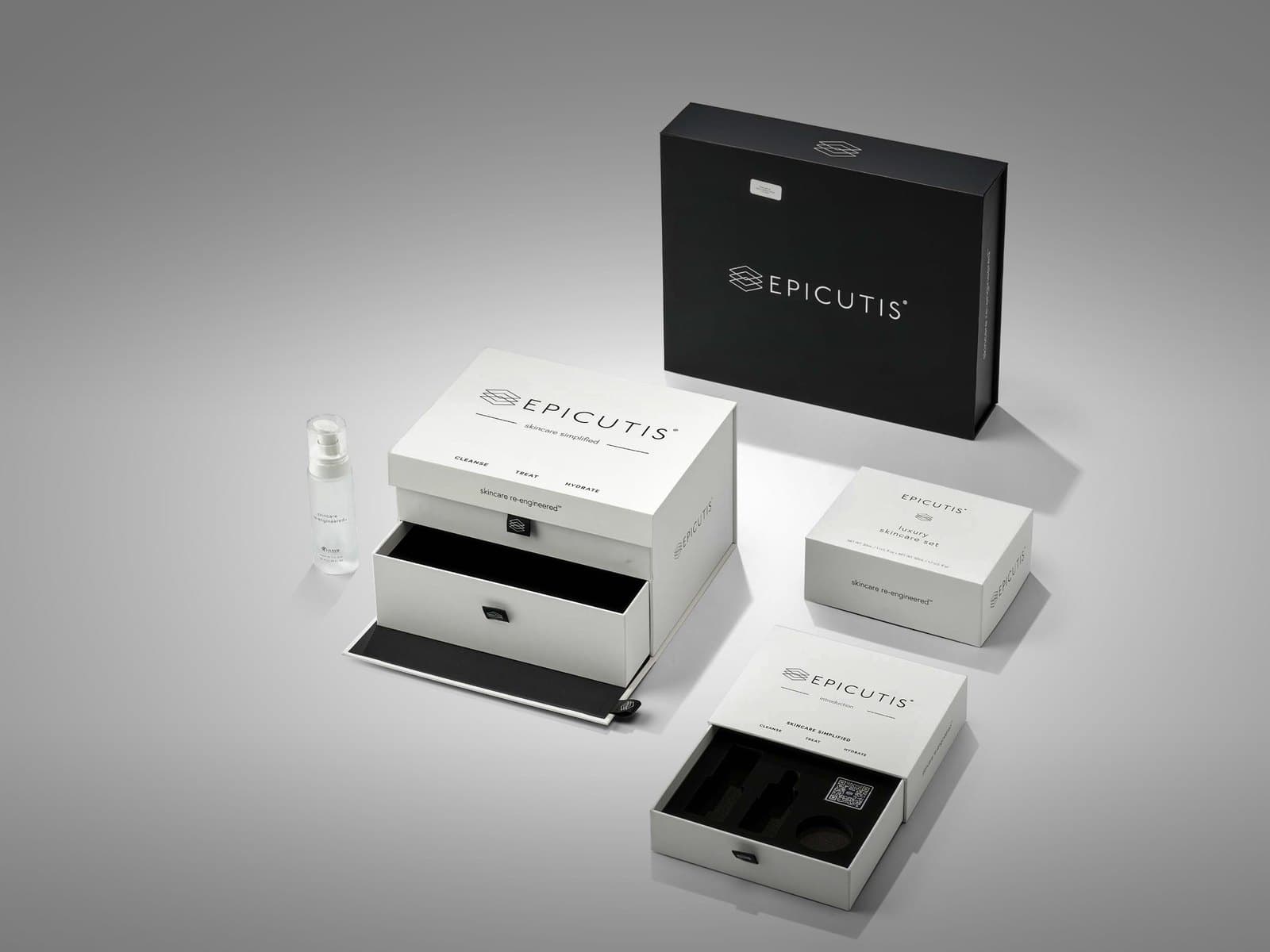 Epicutis skincare packaging system — multi-SKU family with coordinated black outer carton, drawer-pull inner boxes, and molded trays