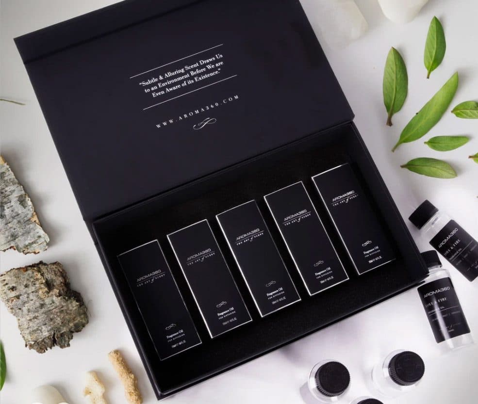 Aroma360 fragrance discovery set with coordinated secondary architecture across the SKU family