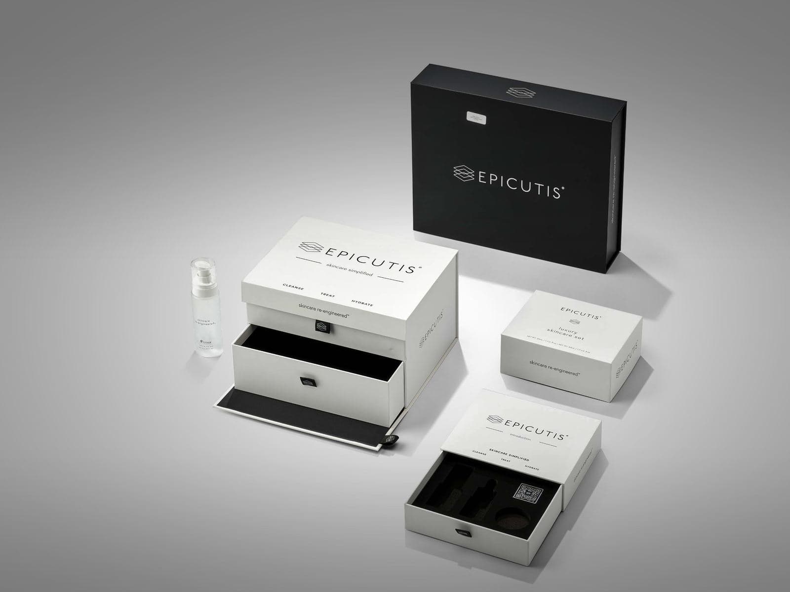 Epicutis multi-SKU family in coordinated drawer boxes with molded trays showing structured-insert pattern