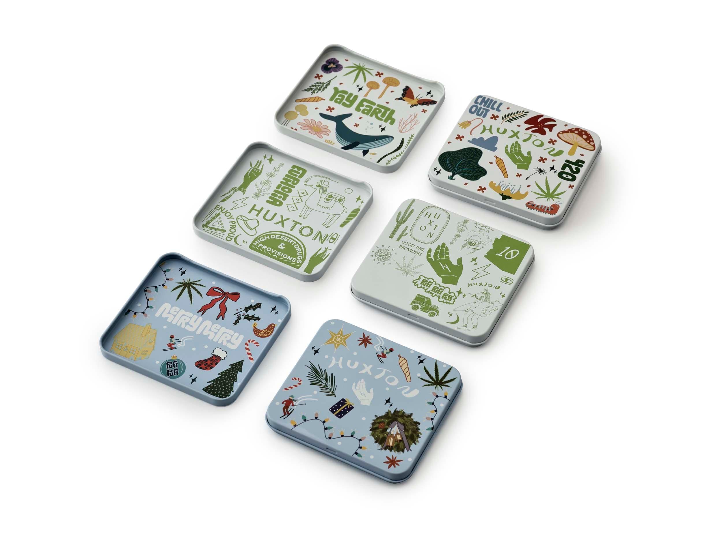 Huxton aluminum tin packaging with decorative illustrations — infinitely recyclable mono-material format