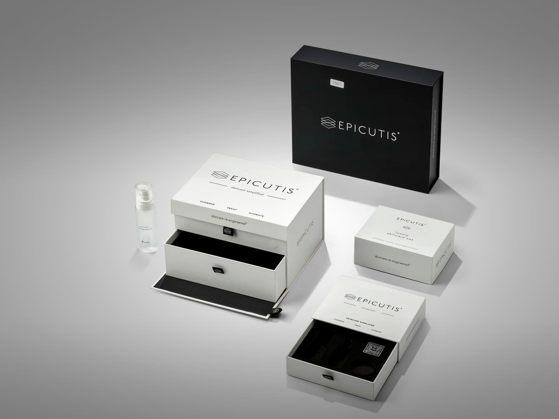 Skincare packaging collection showing rigid boxes, drawer boxes, and folding cartons